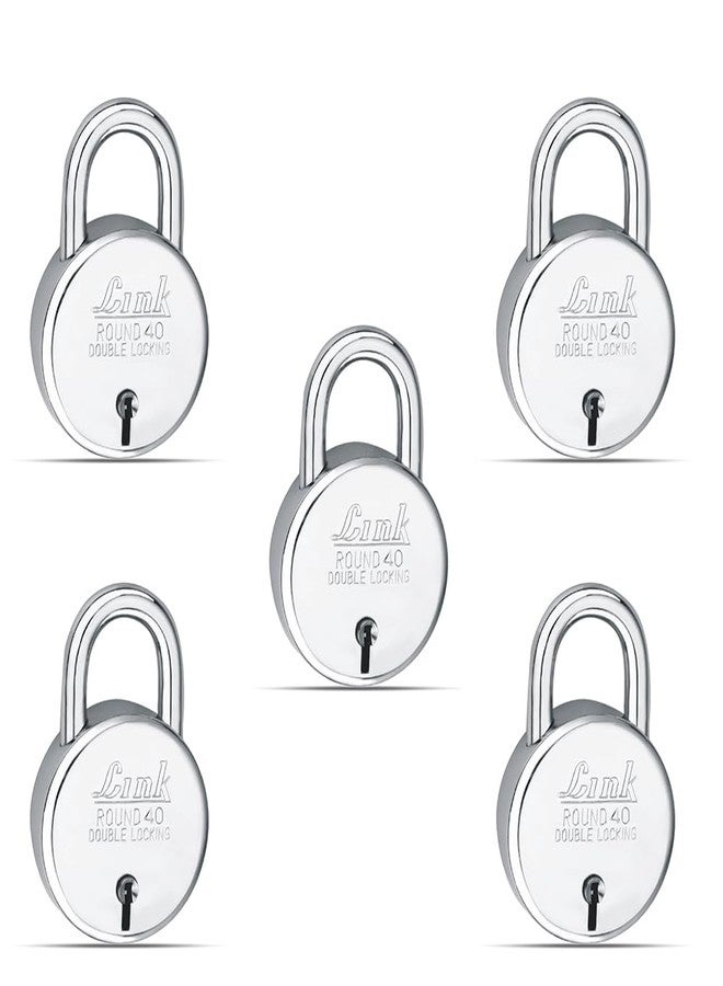 Link New Round 40 MM Silver Steel Lock with 3 Keys | Lock and Keys | Door Lock | Padlock for Home, Office, Shop | Warranty 2 Years (Pack of 5) - Image 1
